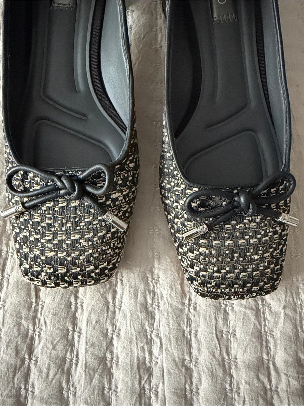 NWOT Franco Sarto Black-Gold-Cream Tweed Bow Ballet Heels 8.5 ❤️ Perfect In Fall